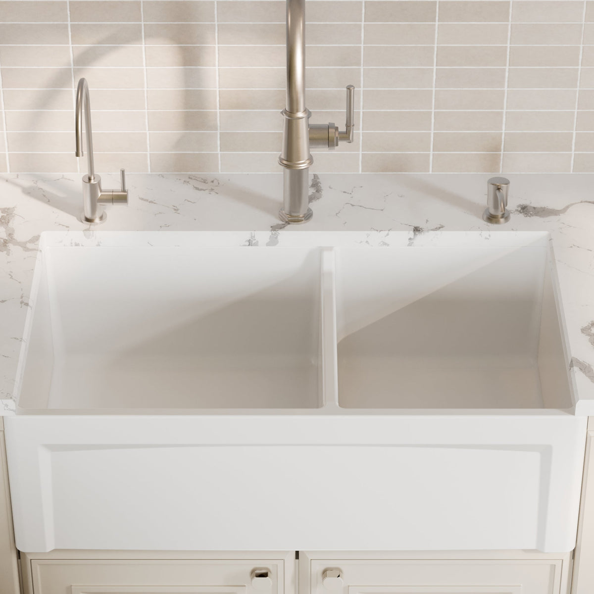 Fireclay 33" Reversible Apron Front Double Bowl Kitchen Sink In White