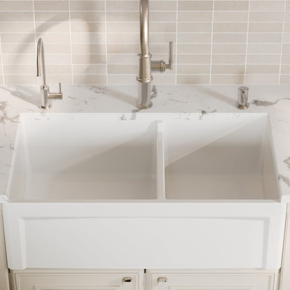 Fireclay 33" Reversible Apron Front Double Bowl Kitchen Sink In White