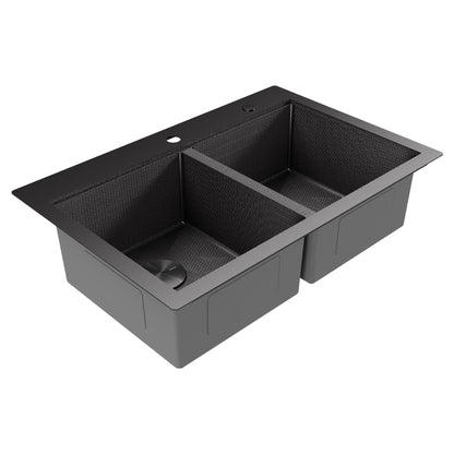 Matrix 33" Top Mount Workstation 16 Gauge Double Bowl Stainless Steel Kitchen Sink In Gunmetal Grey with Accessories