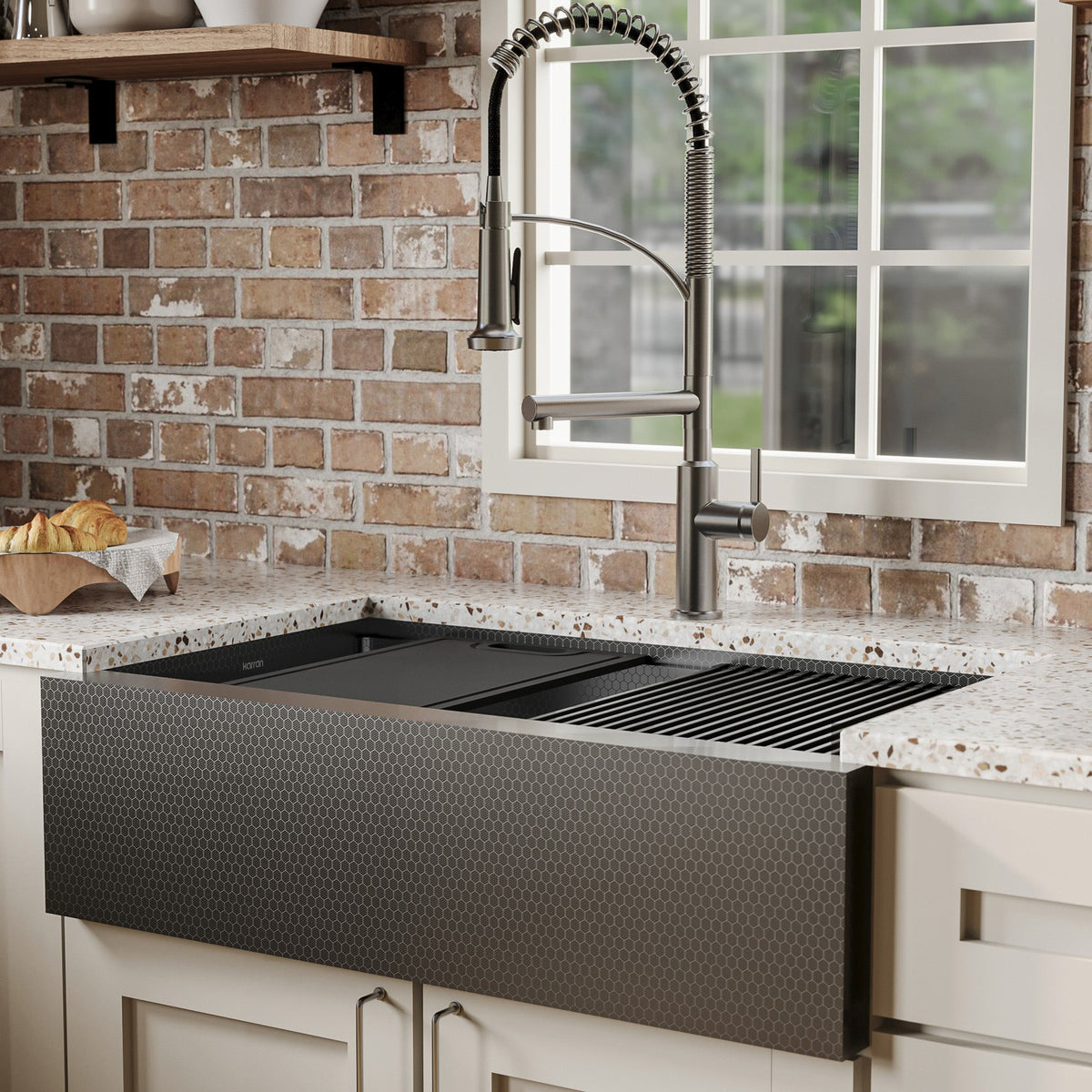 Matrix 33" Farmhouse Workstation 16 Gauge Single Bowl Gunmetal Grey Kitchen Sink with Accessories