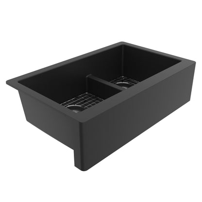 34" Farmhouse Double Offset Bowl Quartz Composite Kitchen Sink Kit In Black