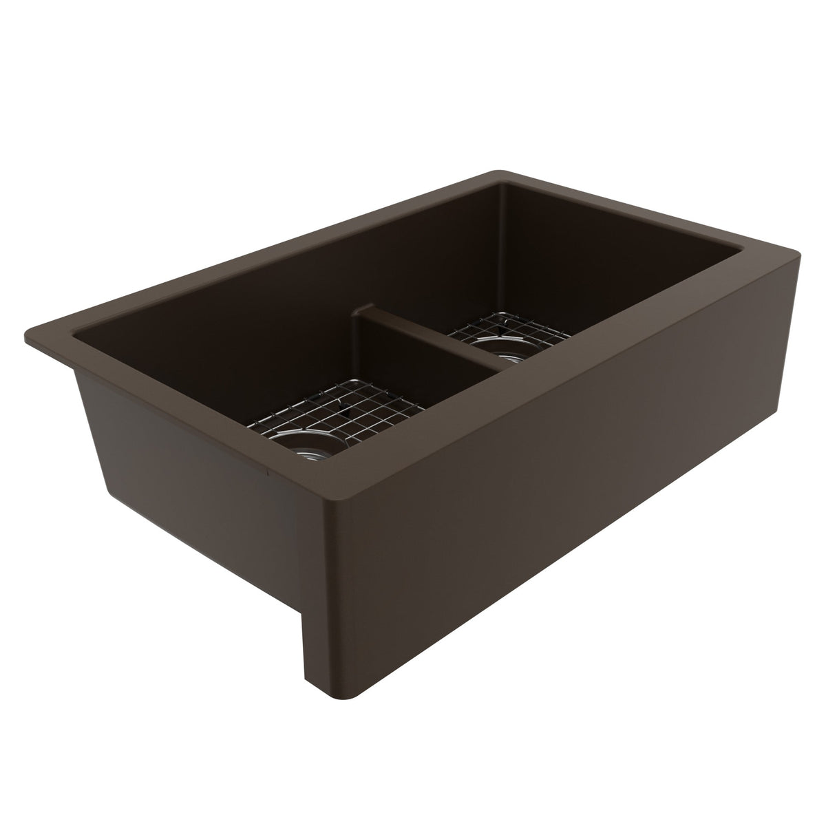 34" Farmhouse Double Offset Bowl Quartz Composite Kitchen Sink Kit In Brown