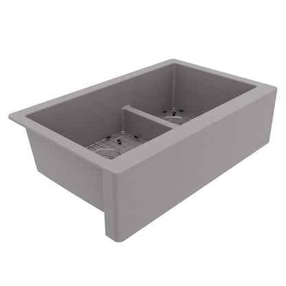 34" Farmhouse Double Offset Bowl Quartz Composite Kitchen Sink Kit In Grey