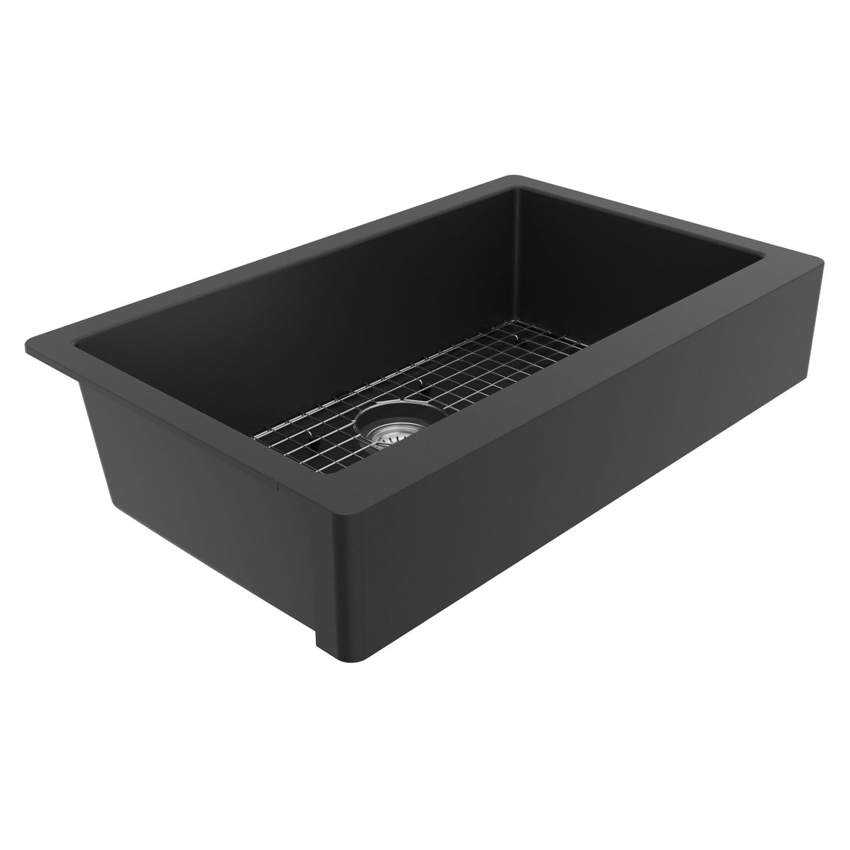 34" Retrofit Farmhouse Large Single Bowl Quartz Composite Kitchen Sink Kit In Black