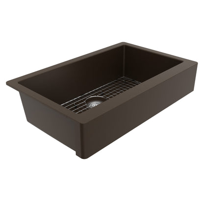 34" Retrofit Farmhouse Large Single Bowl Quartz Composite Kitchen Sink Kit In Brown