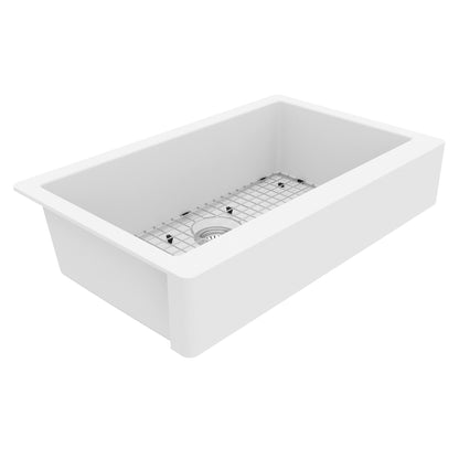 34" Retrofit Farmhouse Large Single Bowl Quartz Composite Kitchen Sink Kit In White