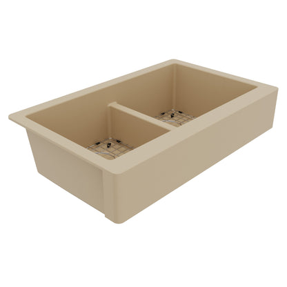 34" Retrofit Farmhouse Double Equal Bowl Quartz Composite Kitchen Sink Kit In Bisque