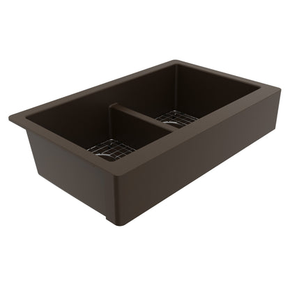 34" Retrofit Farmhouse Double Equal Bowl Quartz Composite Kitchen Sink Kit In Brown