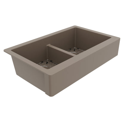 34" Retrofit Farmhouse Double Equal Bowl Quartz Composite Kitchen Sink Kit In Concrete