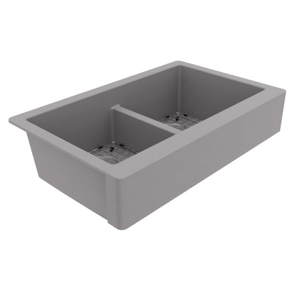 34" Retrofit Farmhouse Double Equal Bowl Quartz Composite Kitchen Sink Kit In Grey