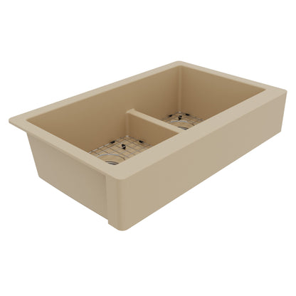34" Retrofit Farmhouse Double Offset Bowl Quartz Composite Kitchen Sink Kit In Bisque