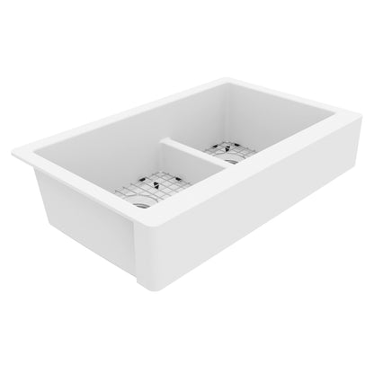 34" Retrofit Farmhouse Double Offset Bowl Quartz Composite Kitchen Sink Kit In White