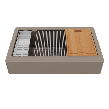 34" Retrofit Farmhouse Large Single Bowl Quartz Composite Workstation Kitchen Sink In Concrete