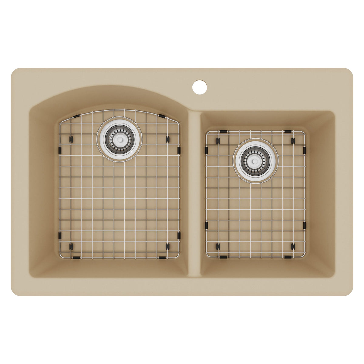 33" Top Mount Double Offset Bowl Quartz Composite Kitchen Sink Kit In Bisque