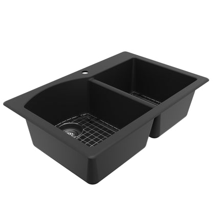 33" Top Mount Double Offset Bowl Quartz Composite Kitchen Sink Kit In Black