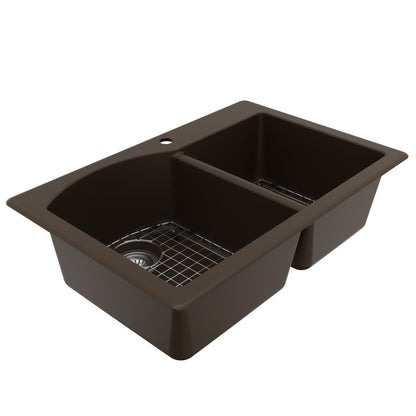 33" Top Mount Double Offset Bowl Quartz Composite Kitchen Sink Kit In Brown