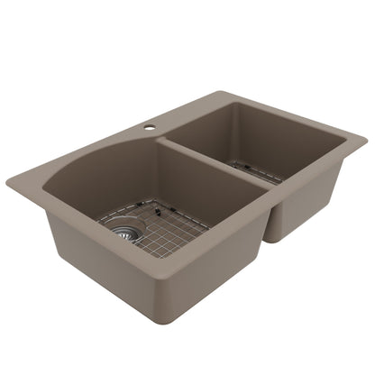 33" Top Mount Double Offset Bowl Quartz Composite Kitchen Sink Kit In Concrete