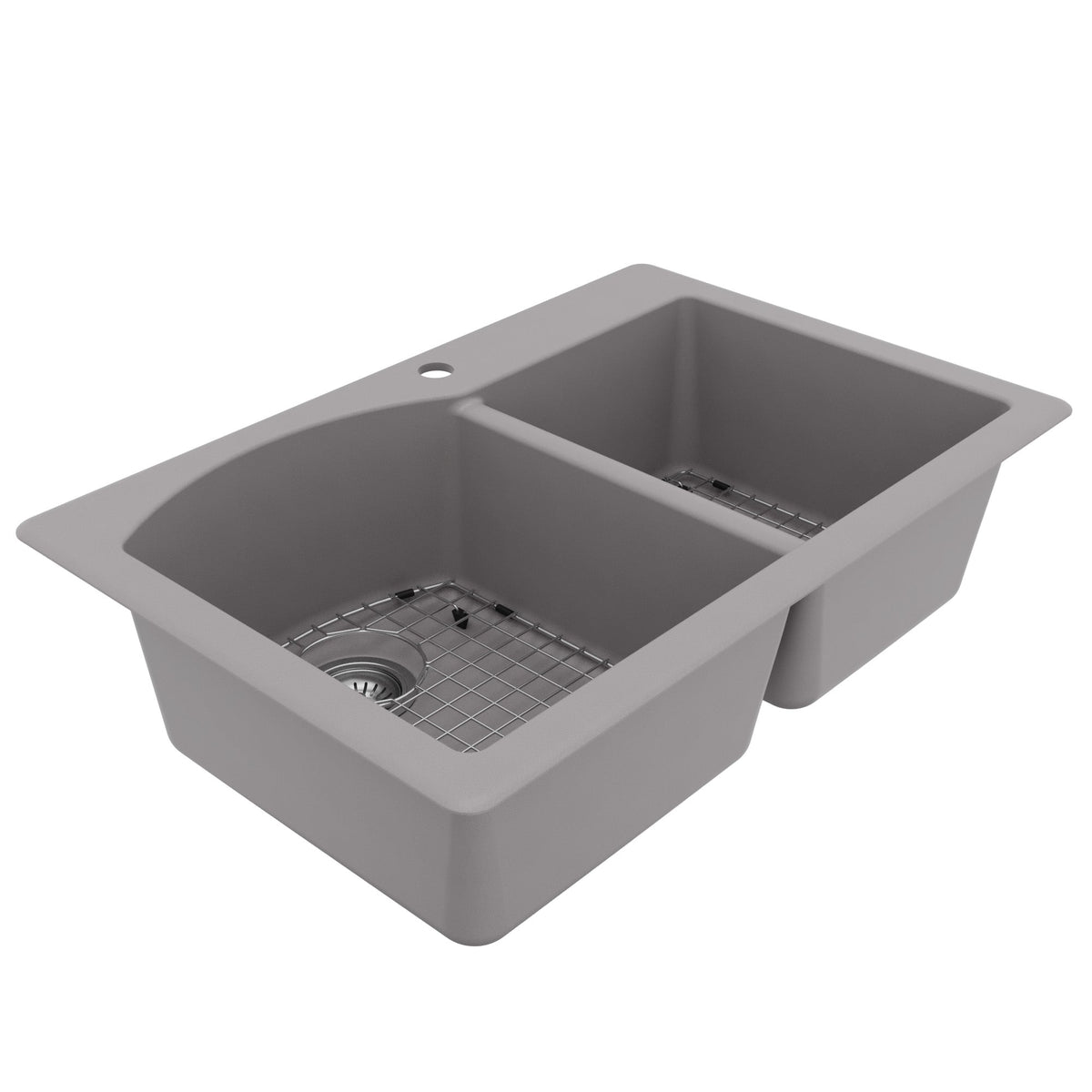 33" Top Mount Double Offset Bowl Quartz Composite Kitchen Sink Kit In Grey