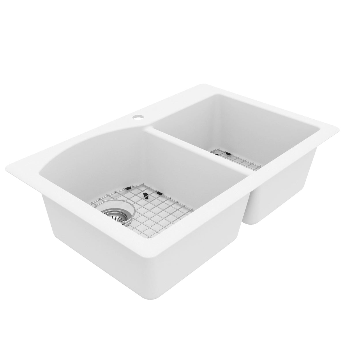33" Top Mount Double Offset Bowl Quartz Composite Kitchen Sink Kit In White