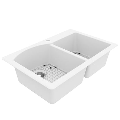 33" Top Mount Double Offset Bowl Quartz Composite Kitchen Sink Kit In White