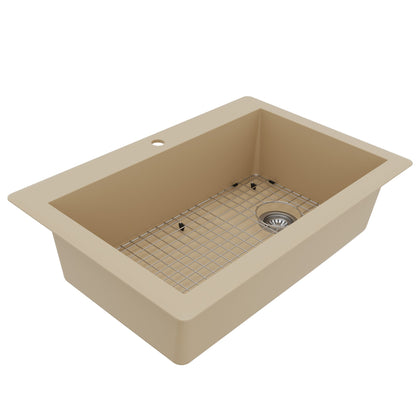 33" Top Mount Large Single Bowl Quartz Composite Kitchen Sink Kit In Bisque