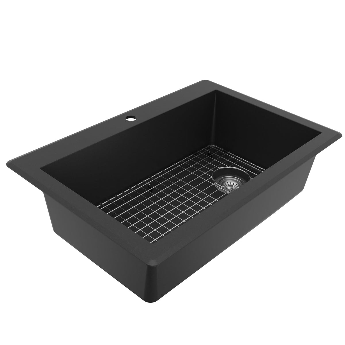 33" Top Mount Large Single Bowl Quartz Composite Kitchen Sink Kit In Black