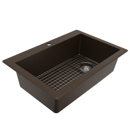 33" Top Mount Large Single Bowl Quartz Composite Kitchen Sink Kit In Brown