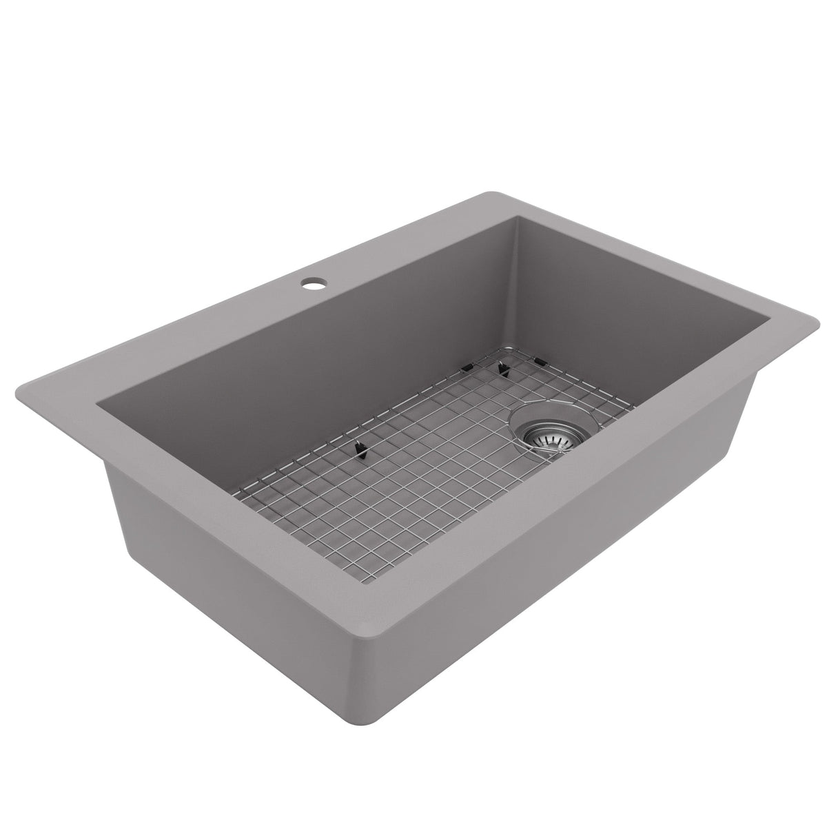 33" Top Mount Large Single Bowl Quartz Composite Kitchen Sink Kit In Grey