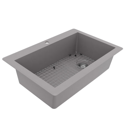 33" Top Mount Large Single Bowl Quartz Composite Kitchen Sink Kit In Grey