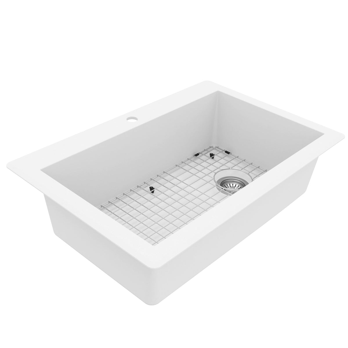 33" Top Mount Large Single Bowl Quartz Composite Kitchen Sink Kit In White