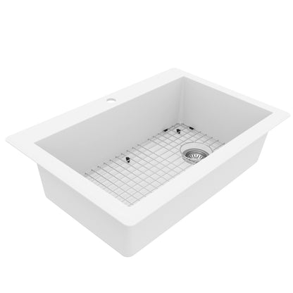 33" Top Mount Large Single Bowl Quartz Composite Kitchen Sink Kit In White