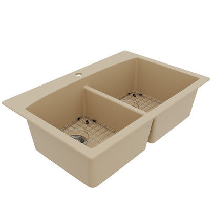 33" Top Mount Double Equal Bowl Quartz Composite Kitchen Sink Kit In Bisque