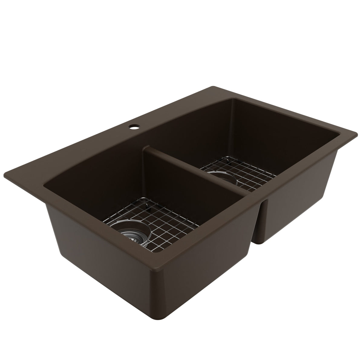 33" Top Mount Double Equal Bowl Quartz Composite Kitchen Sink Kit In Brown