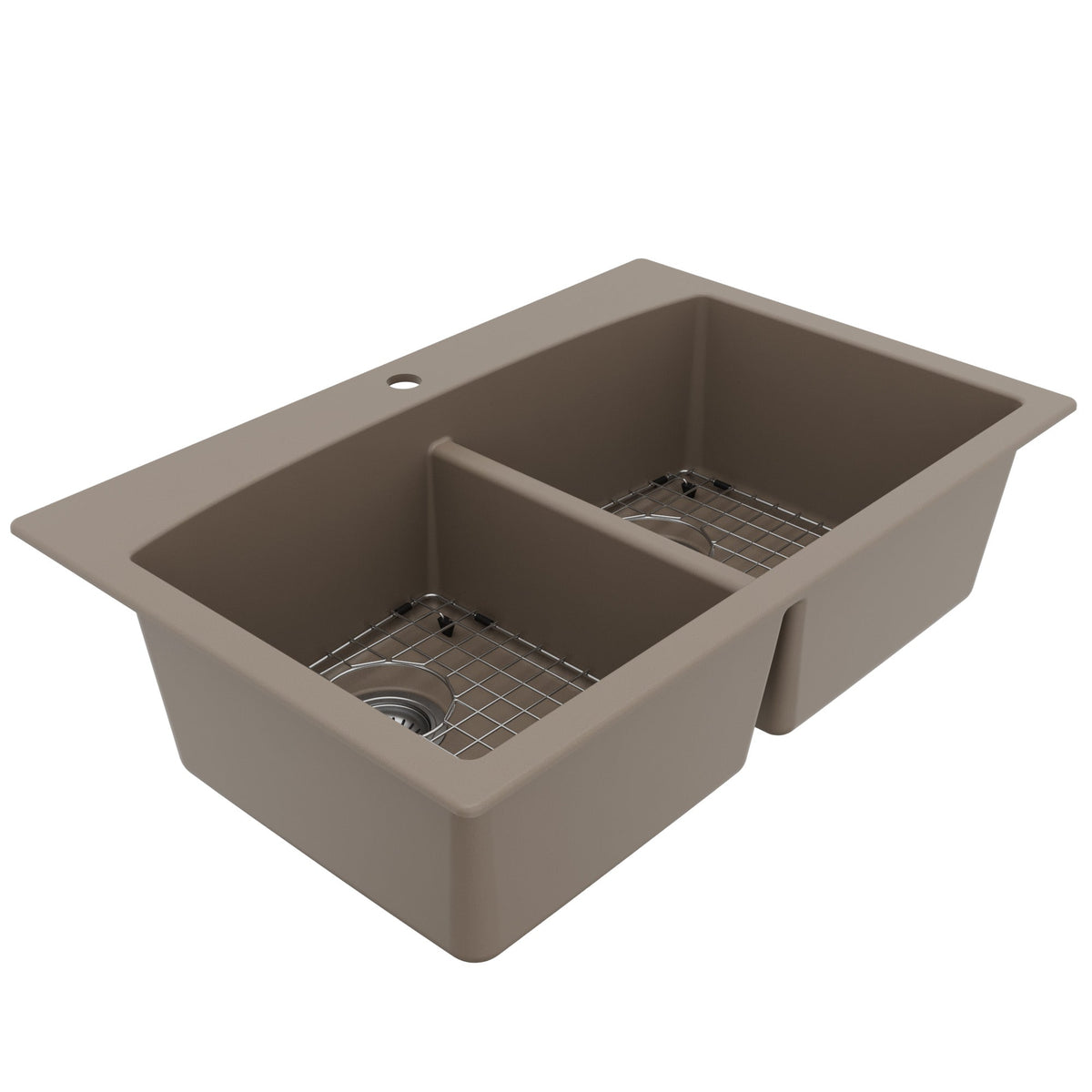 33" Top Mount Double Equal Bowl Quartz Composite Kitchen Sink Kit In Concrete