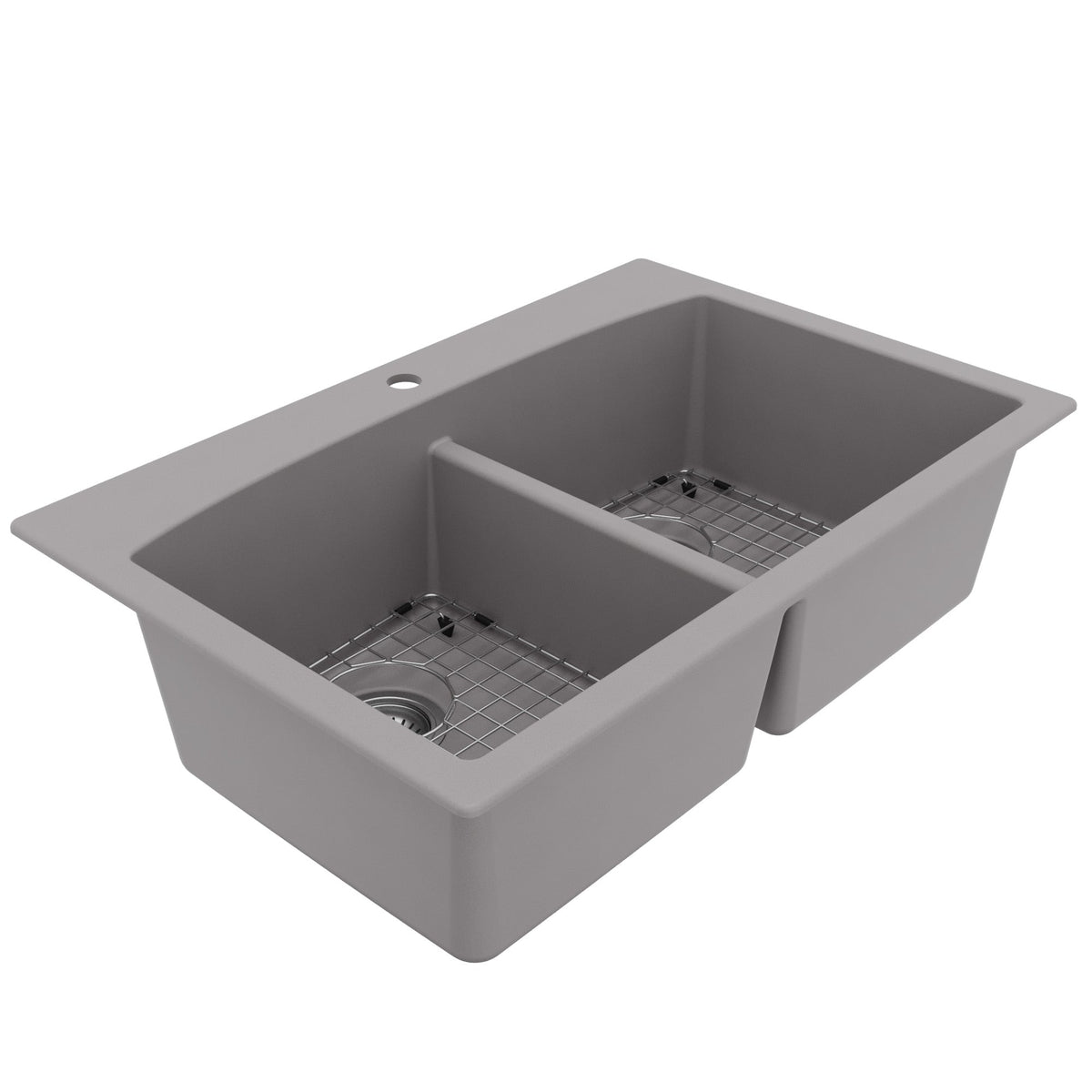 33" Top Mount Double Equal Bowl Quartz Composite Kitchen Sink Kit In Grey