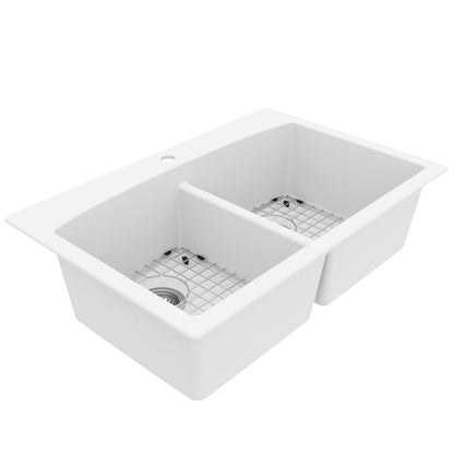 33" Top Mount Double Equal Bowl Quartz Composite Kitchen Sink Kit In White