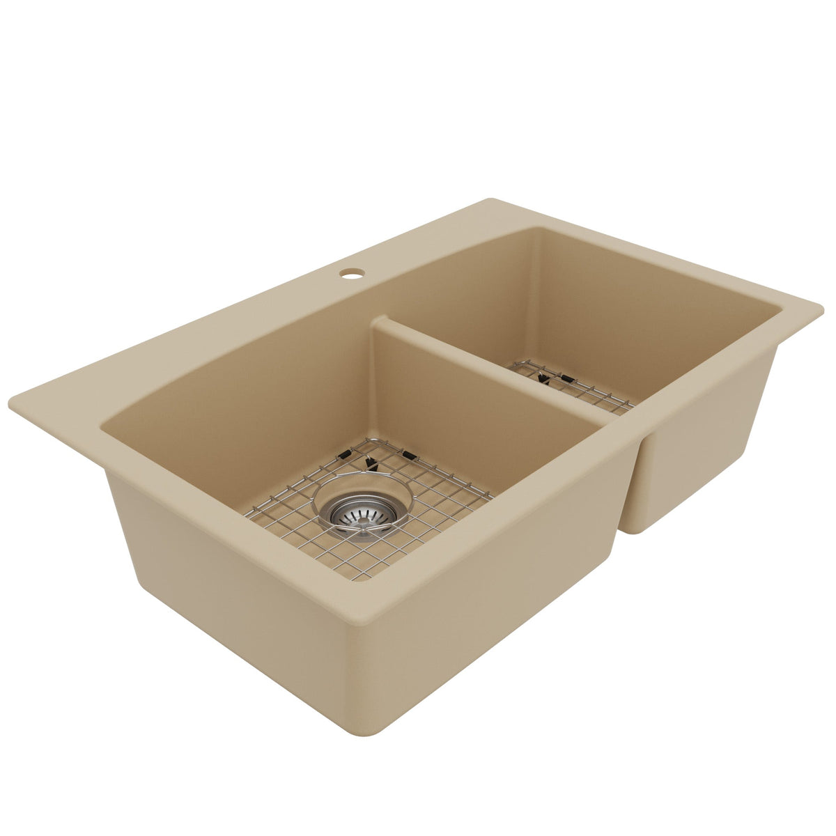 33" Top Mount Double Offset Bowl Quartz Composite Kitchen Sink Kit In Bisque