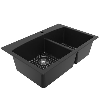 33" Top Mount Double Offset Bowl Quartz Composite Kitchen Sink Kit In Black