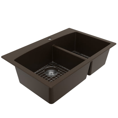 33" Top MountDouble Offset Bowl Quartz Composite Kitchen Sink Kit In Brown