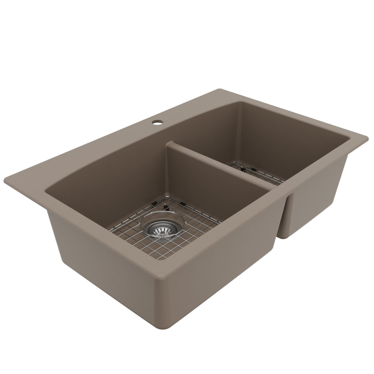 33" Top Mount Double Offset Bowl Quartz Composite Kitchen Sink Kit In Concrete