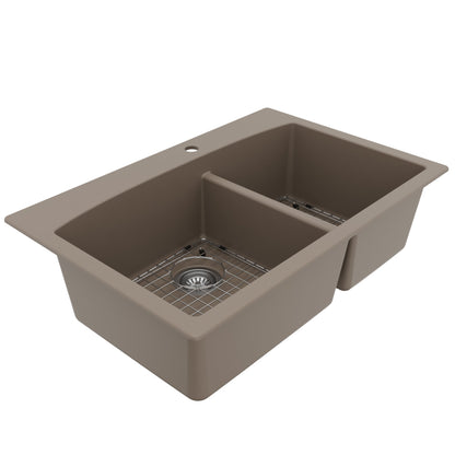 33" Top Mount Double Offset Bowl Quartz Composite Kitchen Sink Kit In Concrete