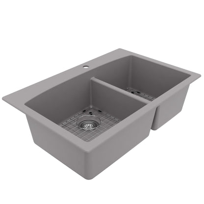 33" Top Mount Double Offset Bowl Quartz Composite Kitchen Sink Kit In Grey