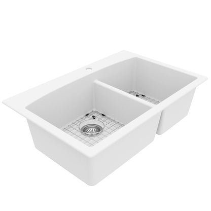 33" Top Mount Double Offset Bowl Quartz Composite Kitchen Sink Kit In White