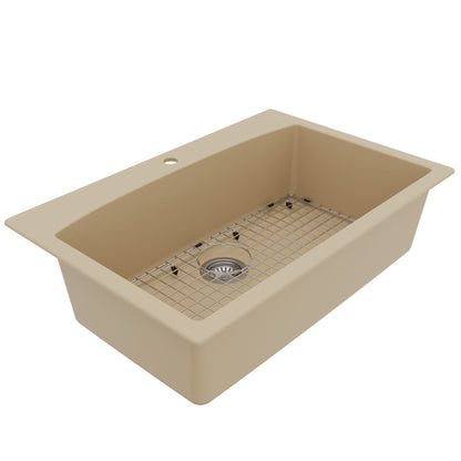 33" Top Mount Large Single Bowl Quartz Composite Kitchen Sink Kit In Bisque