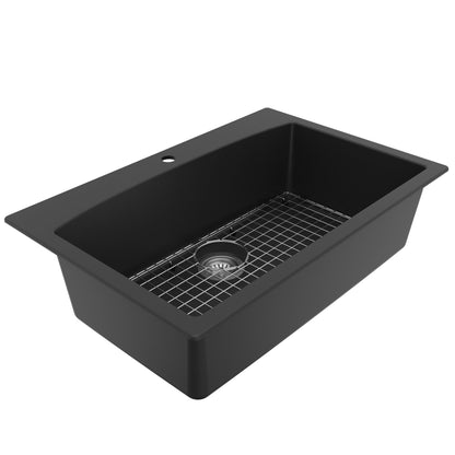 33" Top Mount Large Single Bowl Quartz Composite Kitchen Sink Kit In Black
