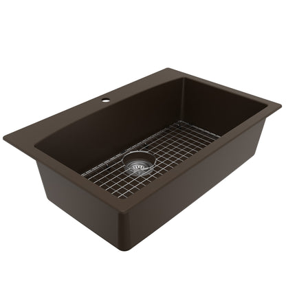 33" Top Mount Large Single Bowl Quartz Composite Kitchen Sink Kit In Brown