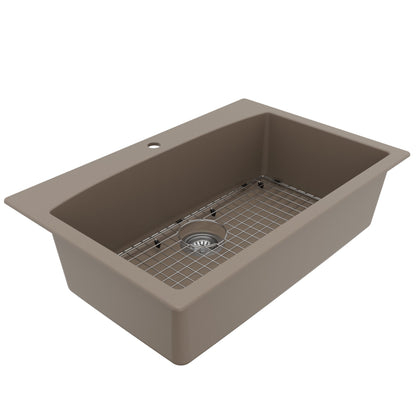 33" Top Mount Large Single Bowl Quartz Composite Kitchen Sink Kit Concrete