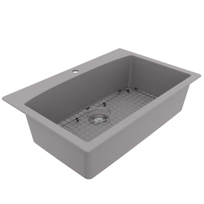 33" Top Mount Large Single Bowl Quartz Composite Kitchen Sink Kit Grey