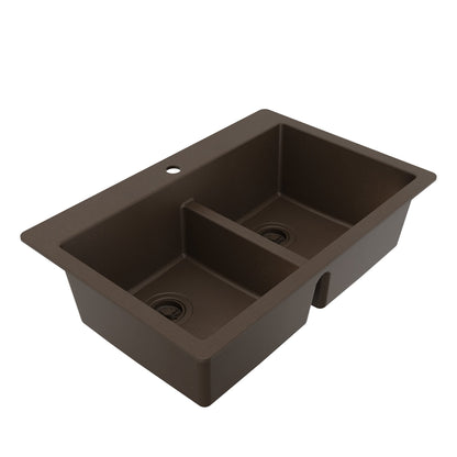 33" Top Mount Double Bowl Quartz Composite Kitchen Sink In Brown