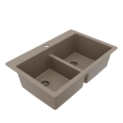33" Top Mount Double Bowl Quartz Composite Kitchen Sink In Concrete